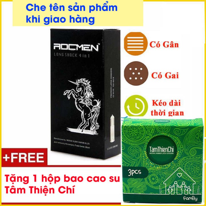 Bao Cao Su Gai Rocmen Đen Gân Gai hộp 12c +Tặng 1 Hộp BCS tâm thiện chí siêu mỏng Family 3 bao