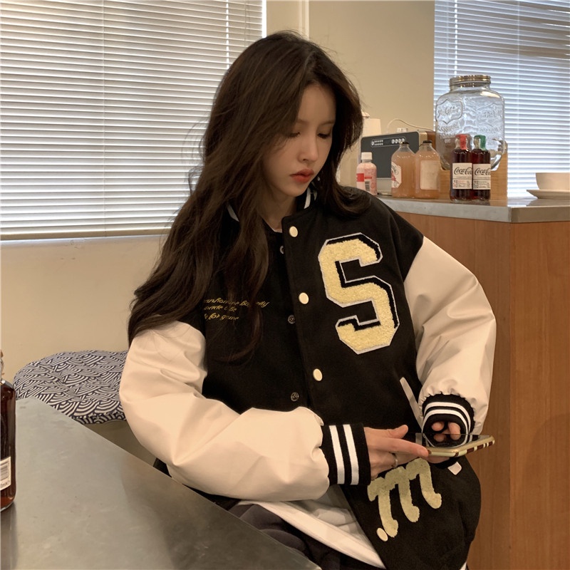 【ZHELIHANGFEI】Áo Khoác Bóng Chày Tay Dài Form Rộng Theo Phong Cách Preppy Mỹ Dễ Phối Đồ