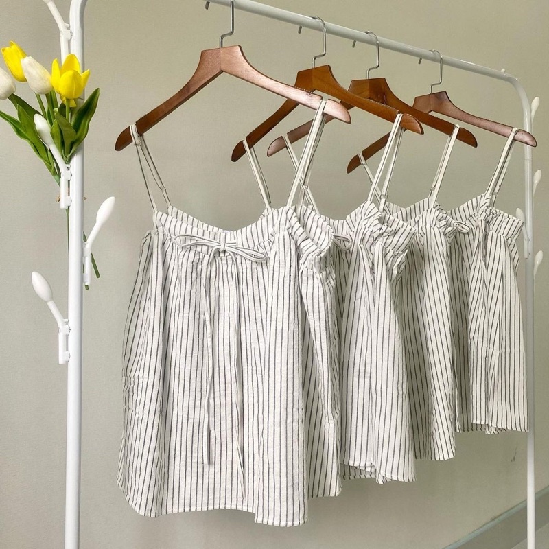 Áo 2 Dây Linen Sọc Dọc Cổ Yếm Rút Dây Minipie