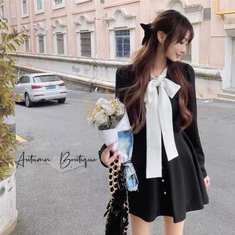 ORDER🎀Váy bánh bèo ulzzang đen tiểu thư nơ trắng cúc ngọc dễ thưong|Đầm dạo phố thời trang phong cách hot Hàn Quốc  ྇