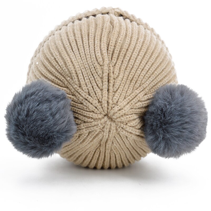 Mũ Beanie Đan Len Dày Dặn Màu Trơn Đính Hai Quả Bông Dễ Thương Thời Trang Thu Đông Cho Bé 3-24 Tháng Tuổi