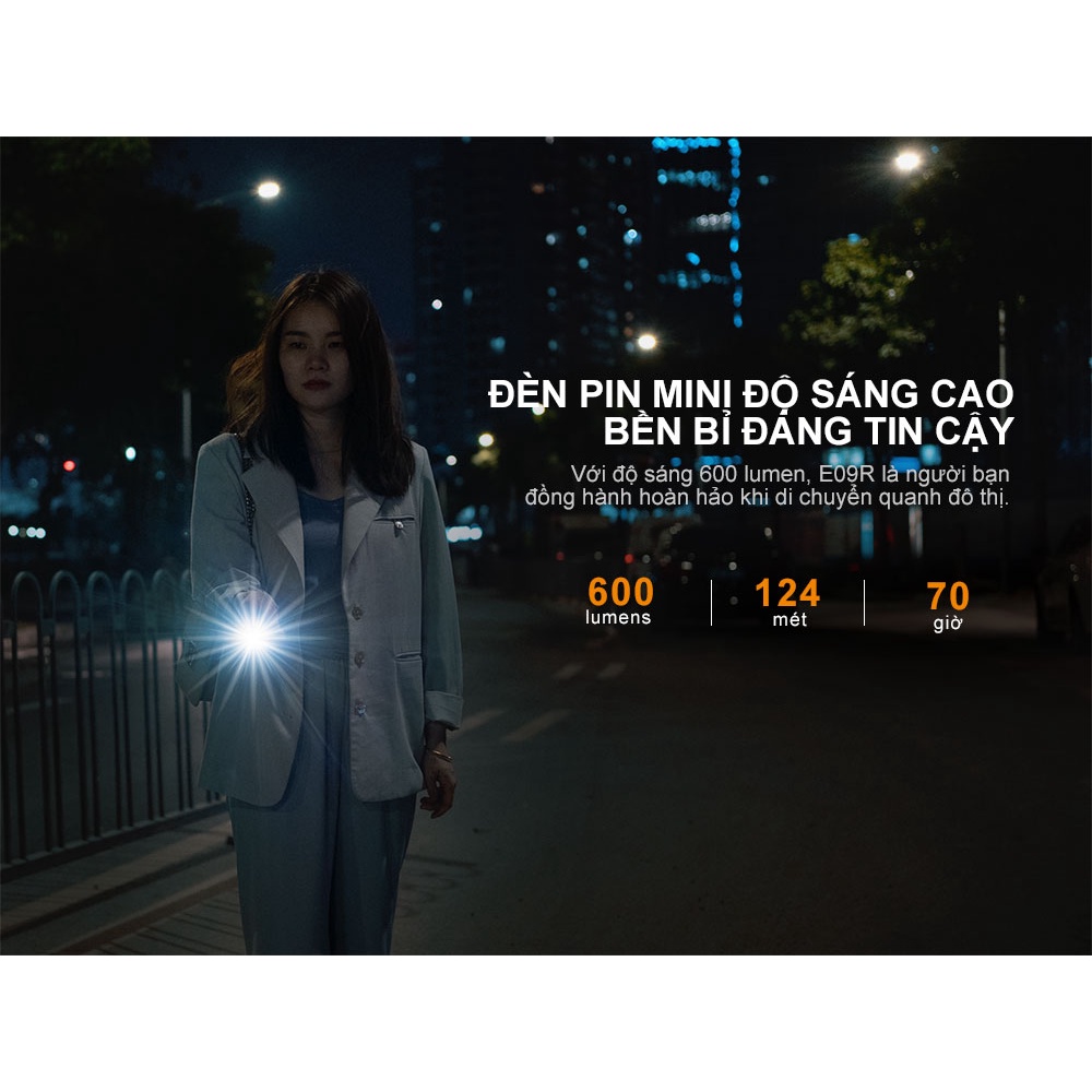 Đèn pin móc khóa FENIX E09R độ sáng 600 lm chiếu xa 124 m sạc USB-C pin liền thân Li-ion 800mAh