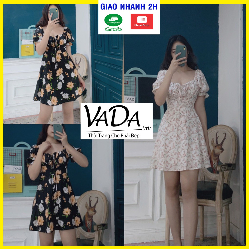 Đầm xoè hoa nhún ngực cột nơ hoạ tiết dễ thương nhẹ nhàng xuống phố - Thời trang VADA - V57