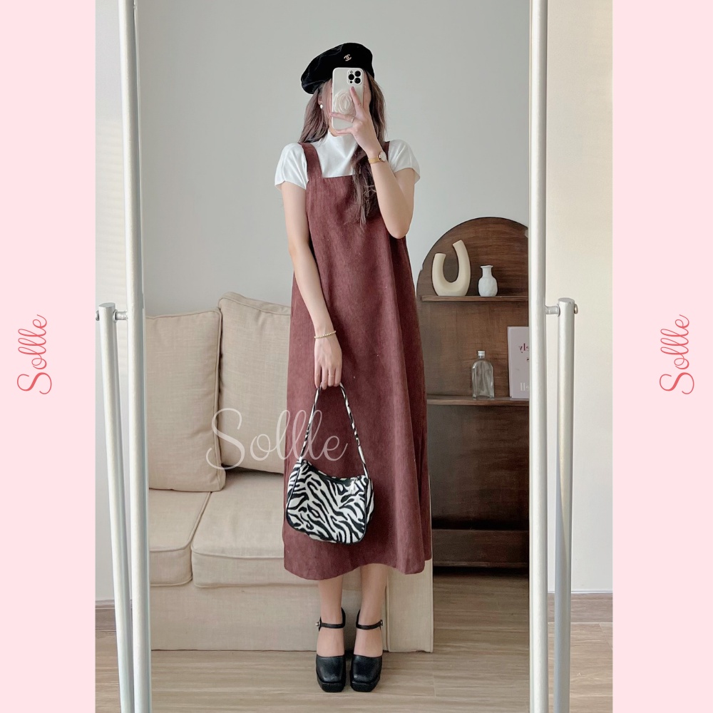 Váy yếm nữ nhung gân tăm dáng dài form rộng ulzzang trơn nhiều màu Hàn Quốc Sollle