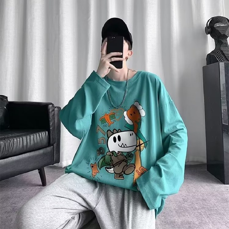 Áo Thun Tay Dài Dáng Rộng In Họa Tiết Hoạt Hình Phong Cách Hip Hop Hàn Quốc Thời Trang Cho Nam Và Nữ size M-5XL