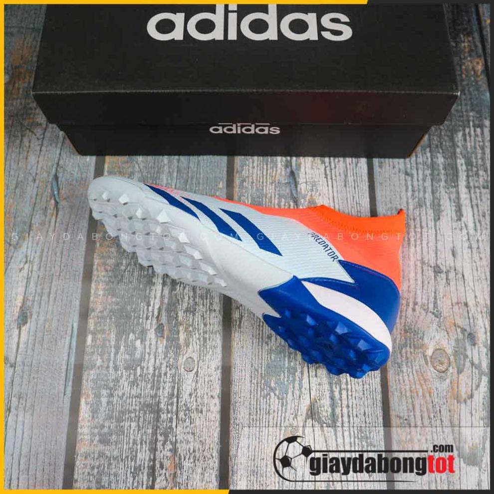 Giày đá banh không dây Predator 20.3 TF xanh nhạt cổ cam vạch xanh | Bản cổ cao chất lượng ,