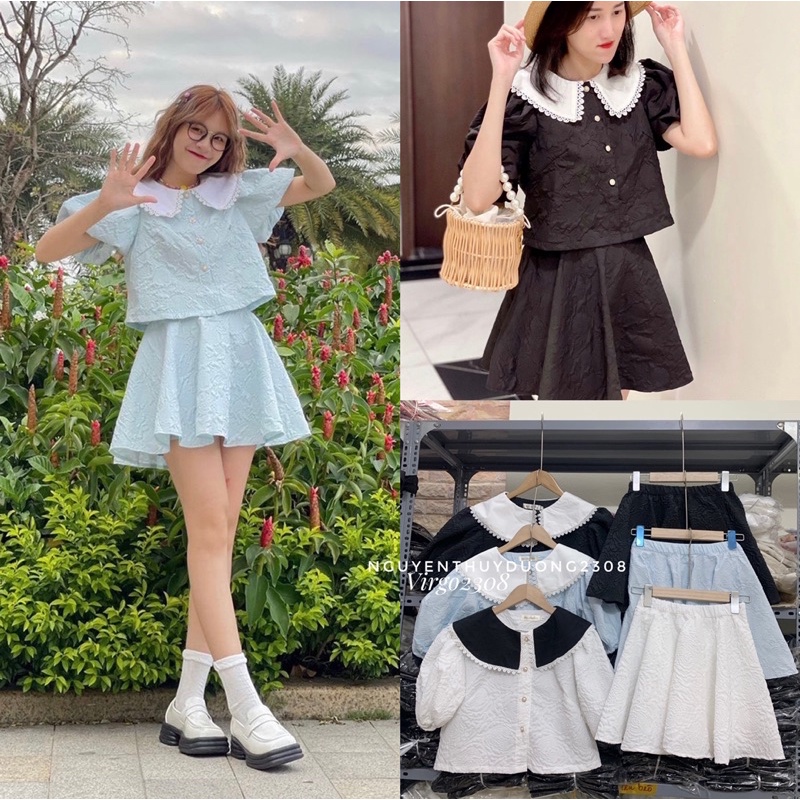 [HÀNG SẴN]SET ÁO XỐP HOA NỔI “JULY” CỔ SEN MIX CHÂN VÁY XOÈ SIÊU YÊU
