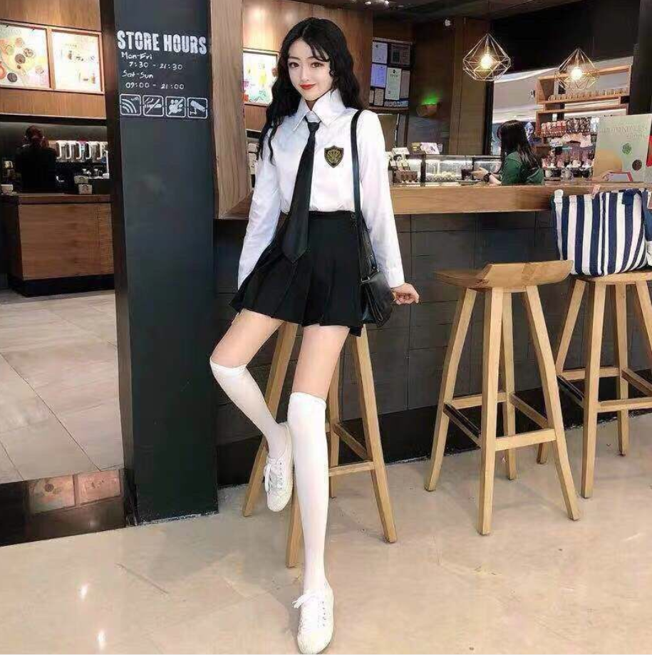 Áo sơ mi/chân váy xếp ly/cà vạt chất liệu cotton thời trang trẻ trung dành cho nữ