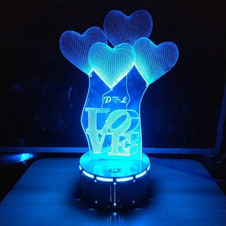 Đèn ngủ đế gỗ led 3d - love