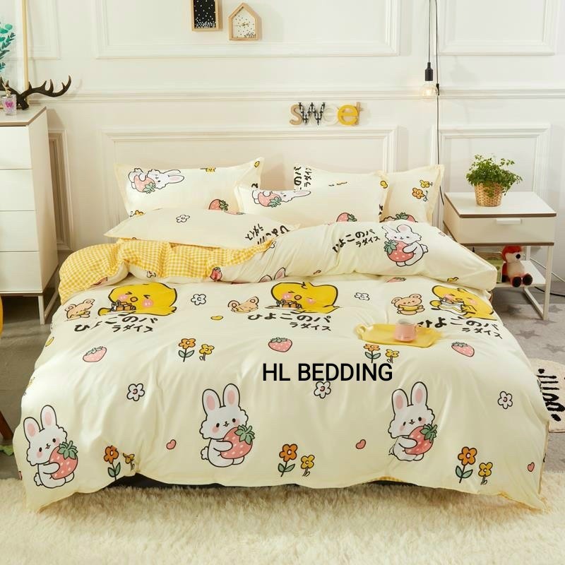 Bộ chăn ga Cotton Poly HL bedding chăn ga Hàn Quốc họa tiết gà và thỏ đủ size miễn phí bo chun