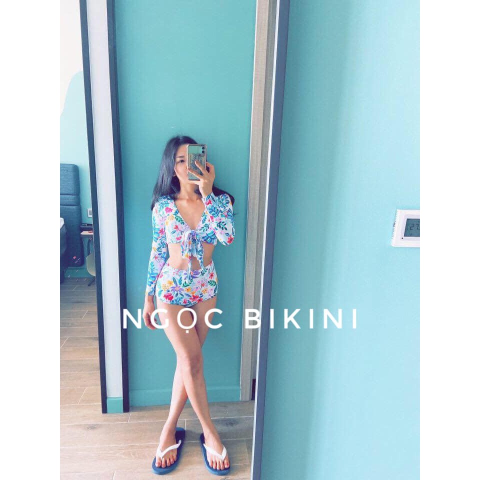 Bikini áo tắm 2 mảnh dài tay buộc dây lưng họa tiết (Ảnh thật) | BigBuy360 - bigbuy360.vn
