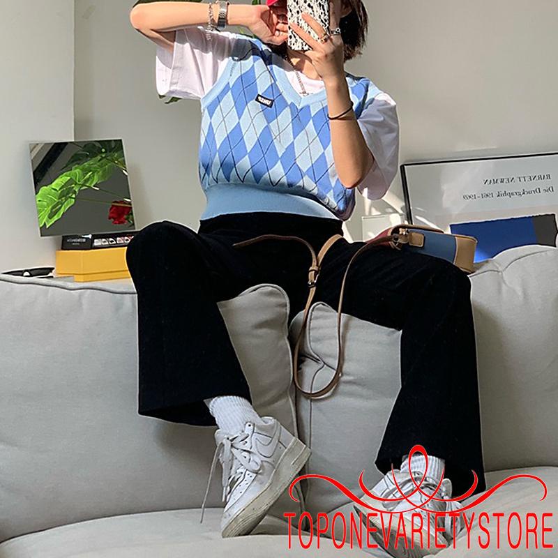 Áo sát nách dệt kim cổ chữ V in họa tiết hình thoi cổ điển thoáng khí giữ ấm cho nữ | BigBuy360 - bigbuy360.vn