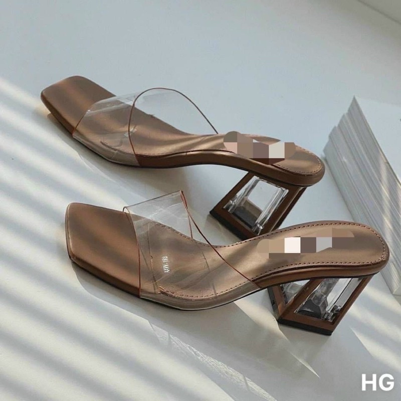 Guốc quai trong màu nâu tây Hottrend gót vuông 7cm