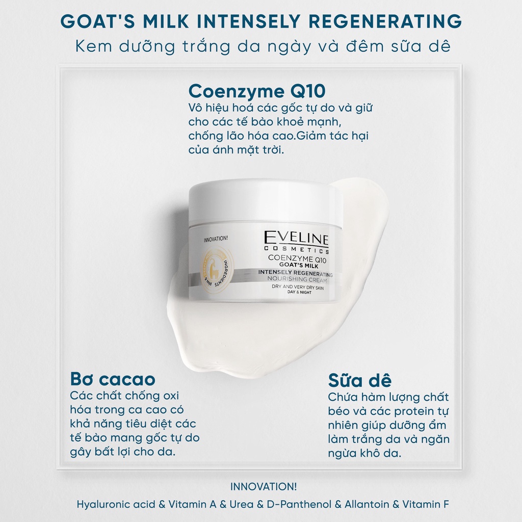 Kem Dưỡng Da Sữa Dê Goat's Milk EVELINE, Giúp Giữ Ẩm Sâu, Tái Tạo Và Bảo Vệ Da Hũ 50ml