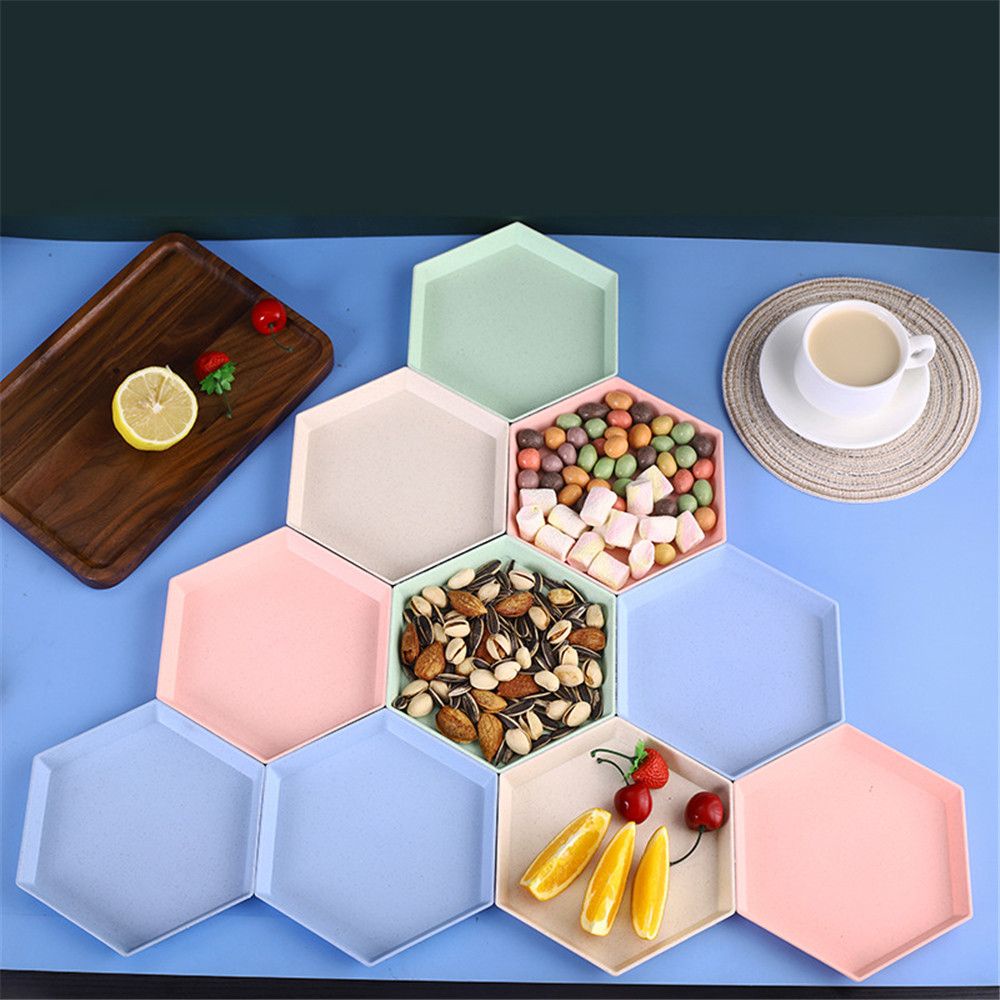 Khay Để Đồ Ăn Tráng Miệng Hình Lục Giác Đa Năng Bằng Rơm Lúa Mì Nhiều Màu Sắc Cho Nhà Bếp