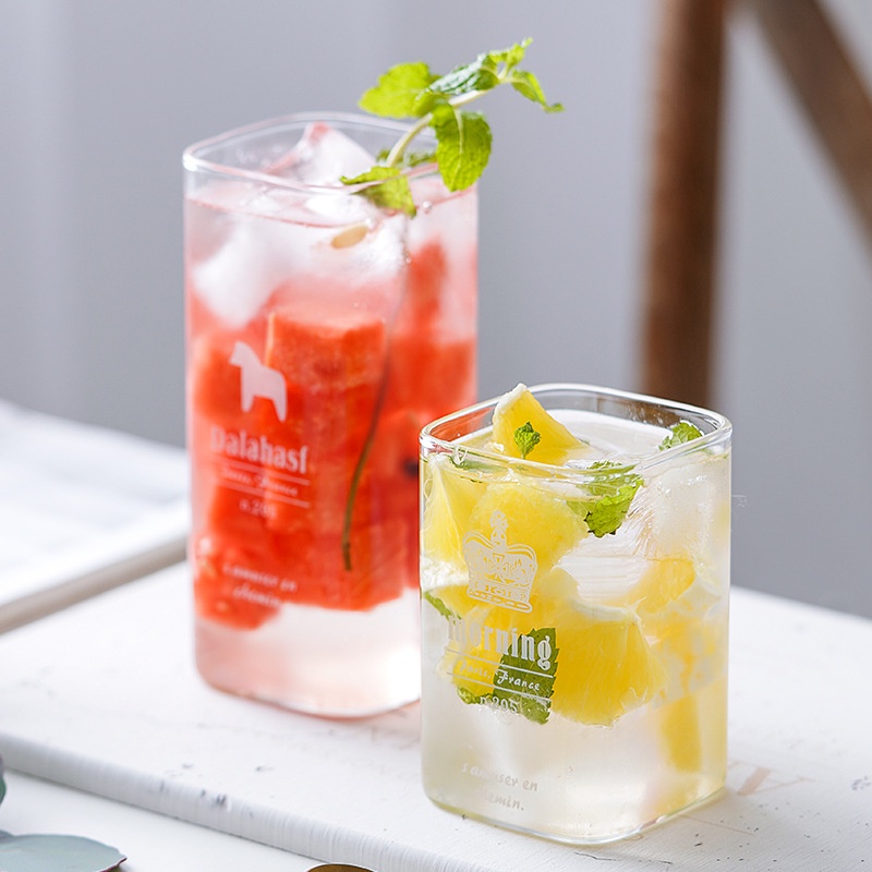 Ly thủy tinh vuông chịu nhiệt in chữ phong cách Hàn Quốc, cốc uống nước cafe chịu nhiệt đẹp