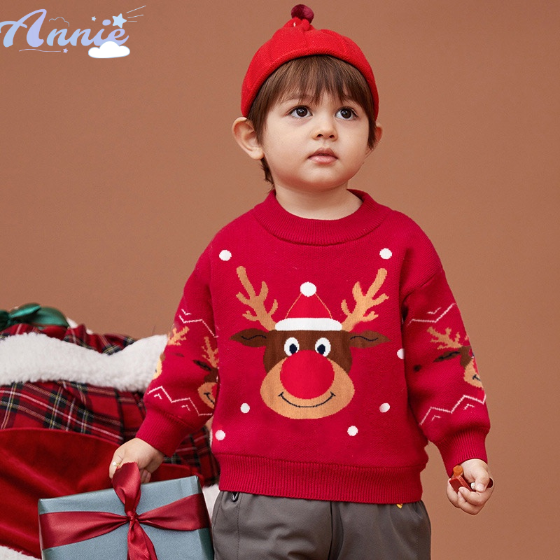 Áo Len Cotton Chui Đầu Họa Tiết Tuần Lộc Giáng Sinh Phong Cách Mới Cho Bé