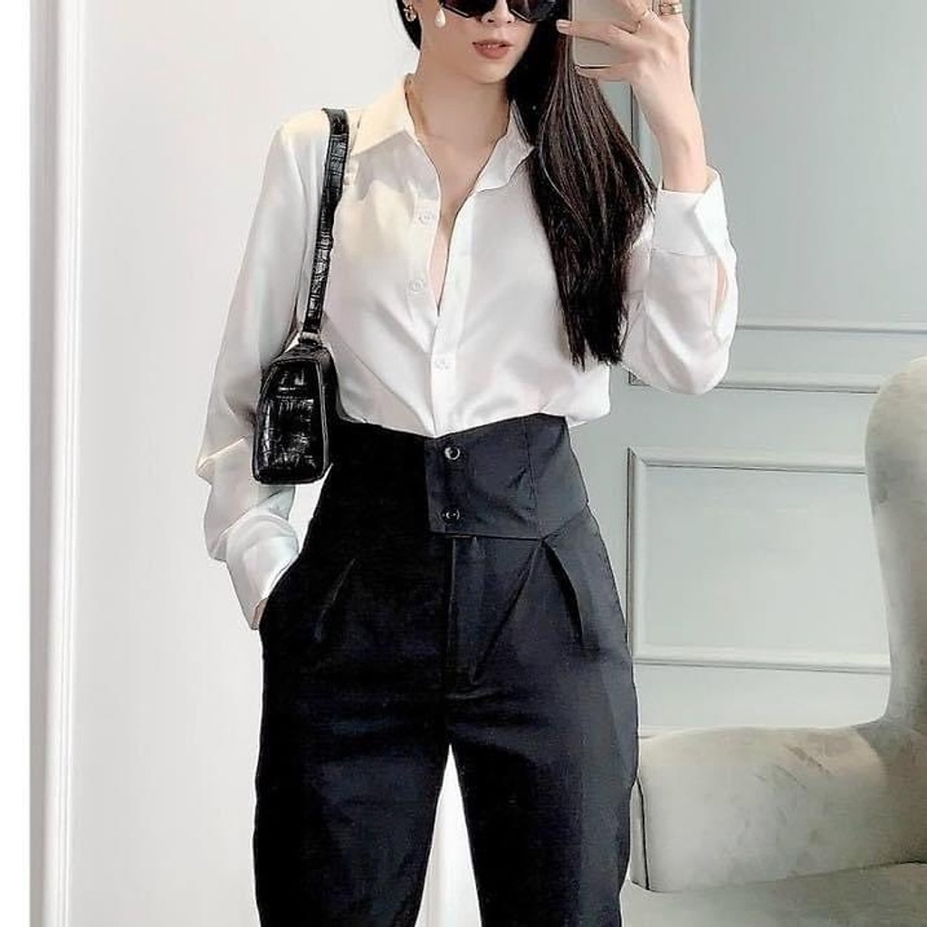 Áo sơ mi nữ lụa trắng đẹp form rộng cổ vest cao cấp phong cách công sở, sang trọng Mely's Fashion ASM02