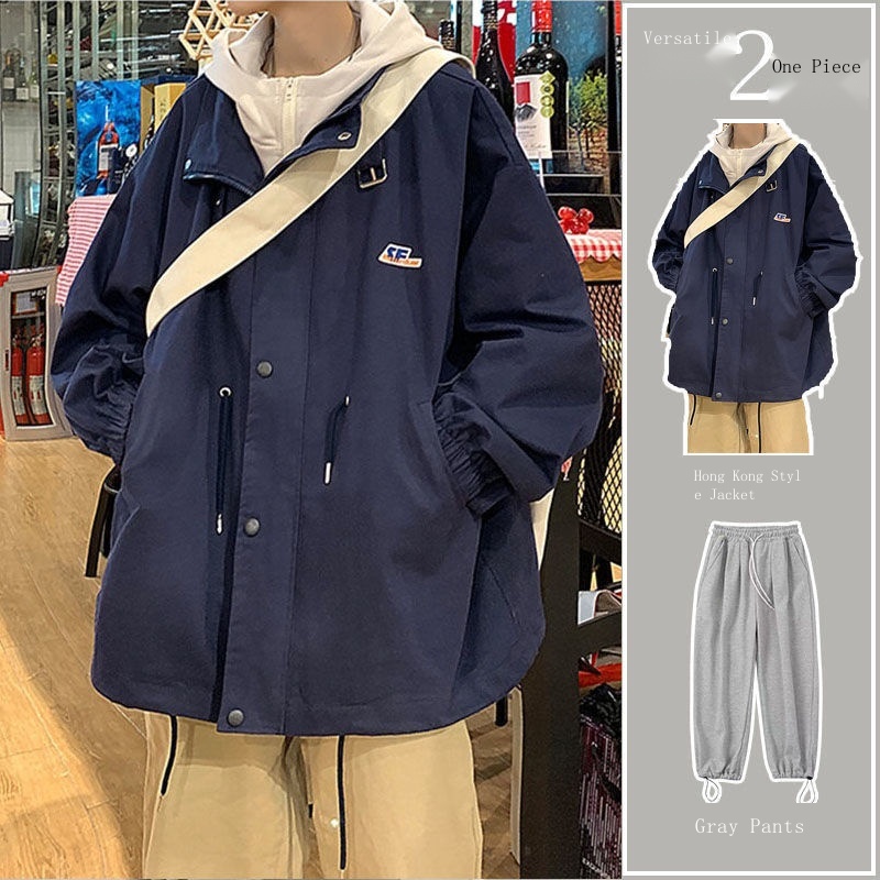 Hàng Có Sẵn Áo Khoác Giả Hai Lớp Có Mũ Trùm Dáng Rộng Phong Cách Hip Hop Mùa Thu Cho Nam