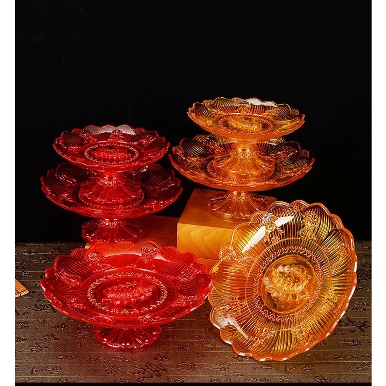 Đĩa hoa quả ban thờ, đĩa trái cây thờ cúng, chất liệu nhựa cao cấp mô phỏng thuỷ tinh, bề rộng 22cm đựng 5 quả to