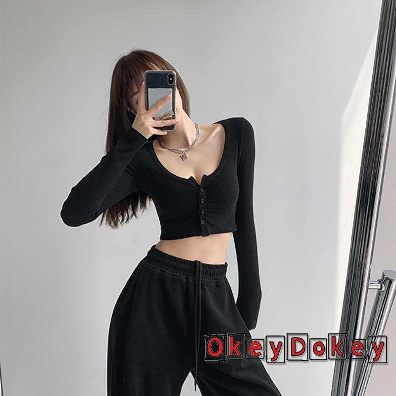 Áo Croptop Dệt Kim Tay Dài Cổ Chữ V Màu Trơn Cài Nút Cho Nữ