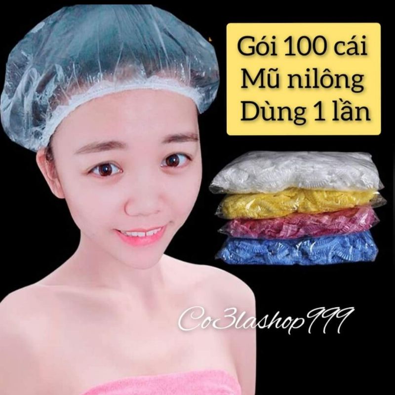 Gói 100 cái mũ trùm tóc nilon nhựa PE mỏng,dùng 1 lần