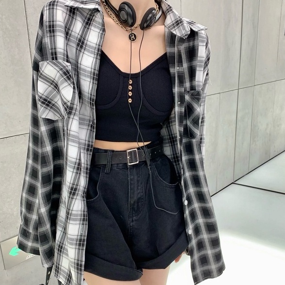 Áo Sơ Mi Tay Dài Dáng Rộng Kẻ Sọc Ca Rô Đen Trắng Kiểu Retro