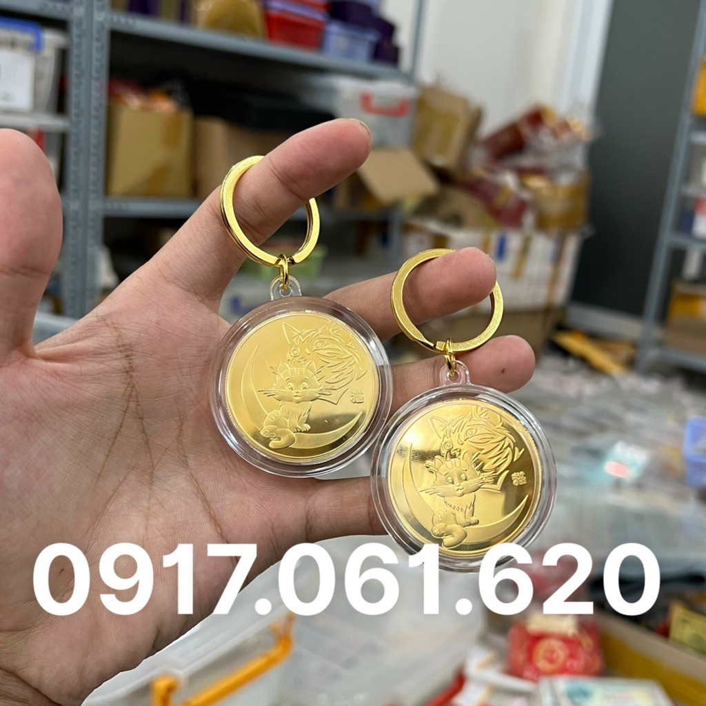 Móc Khóa Đồng Xu Khắc Hình Con Mèo - Mão Chất Liệu Niken Mạ Vàng Phong Thủy May Mắn - Lì Xì Tết 2023