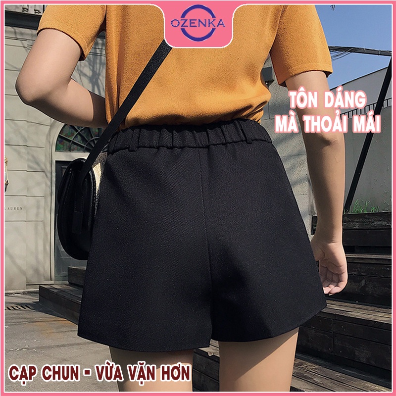 Quần short ngắn cạp cao nữ OZENKA , quần đùi đẹp khoá thật túi thật cạp chun màu đen da chất tuyết mưa cao cấp