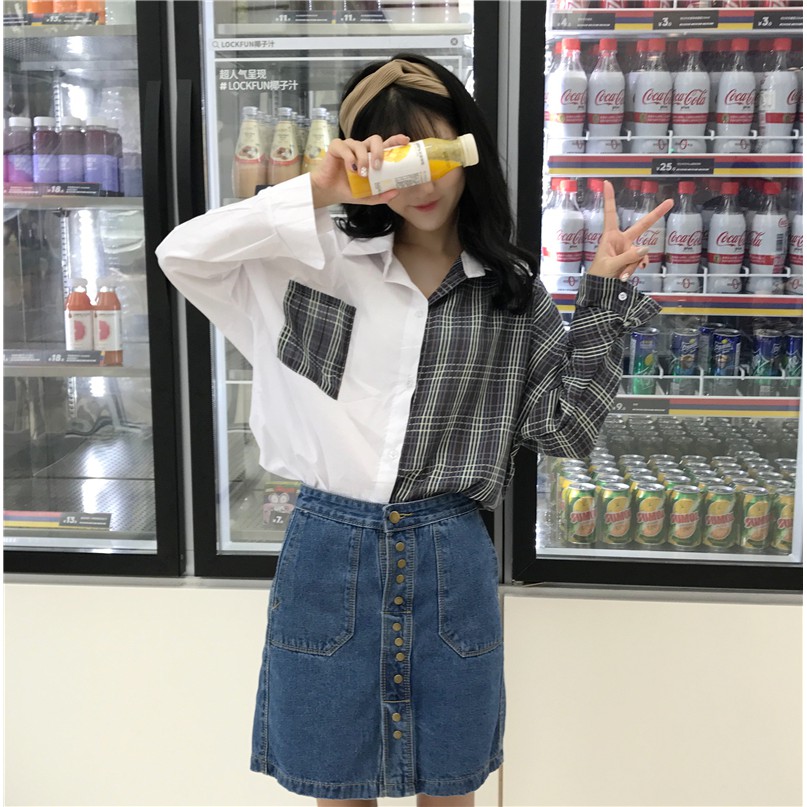 SUXI Áo sơ mi tay dài dáng rộng phong cách Hàn Quốc