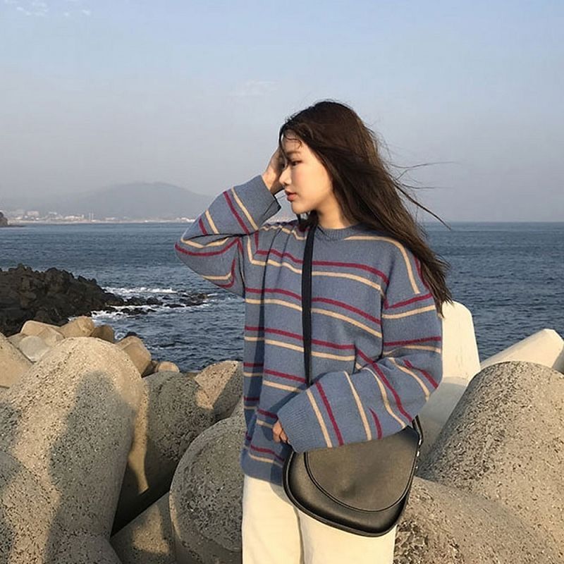 Áo Sweater Dáng Rộng Cổ Tròn Họa Tiết Kẻ Sọc Phong Cách Hàn Quốc Cho Nữ