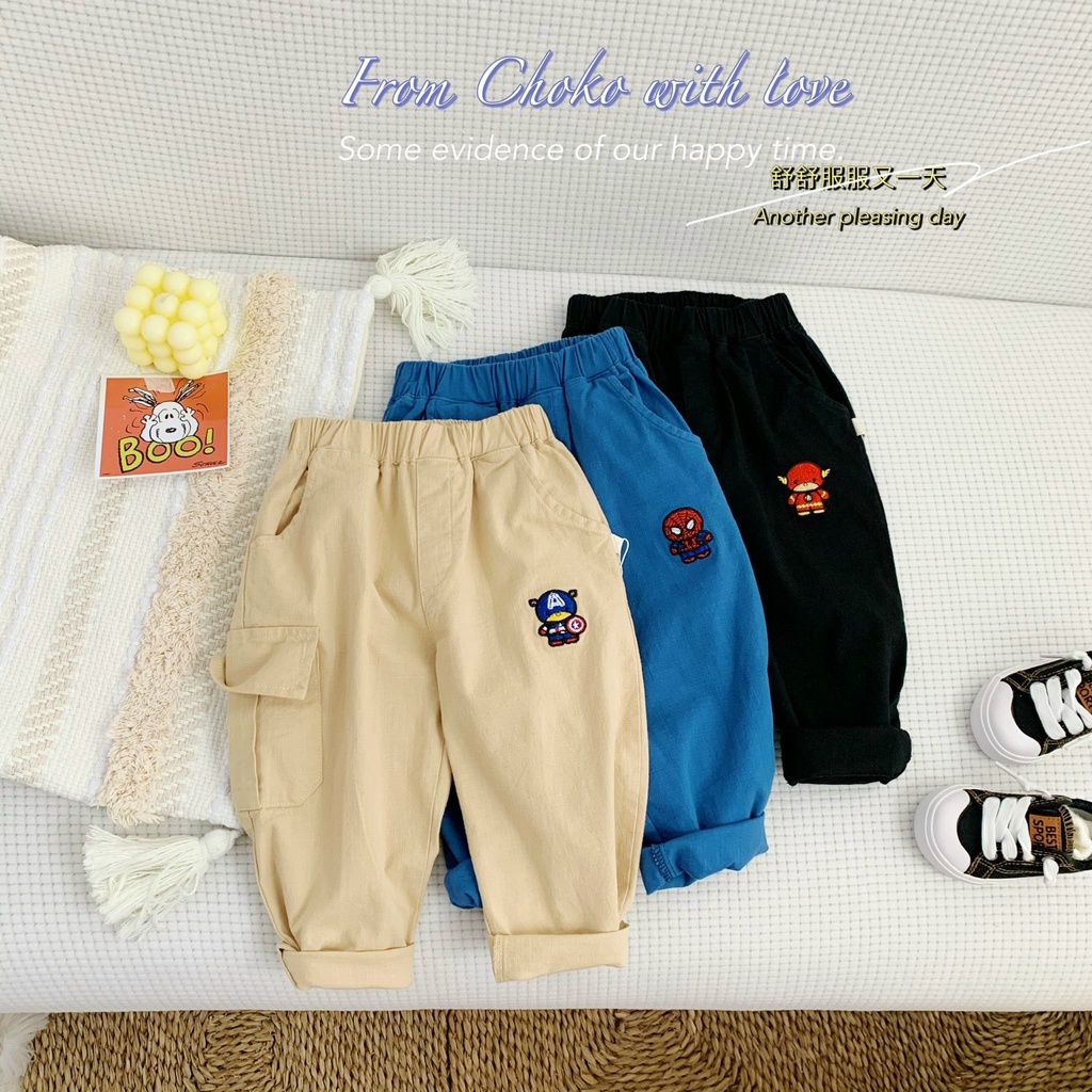 Dory House - Quần Dài Bé Trai ChoKo Vải Linen Thêu Siêu Anh Hùng Style Hàn Quốc Size 8-23kg