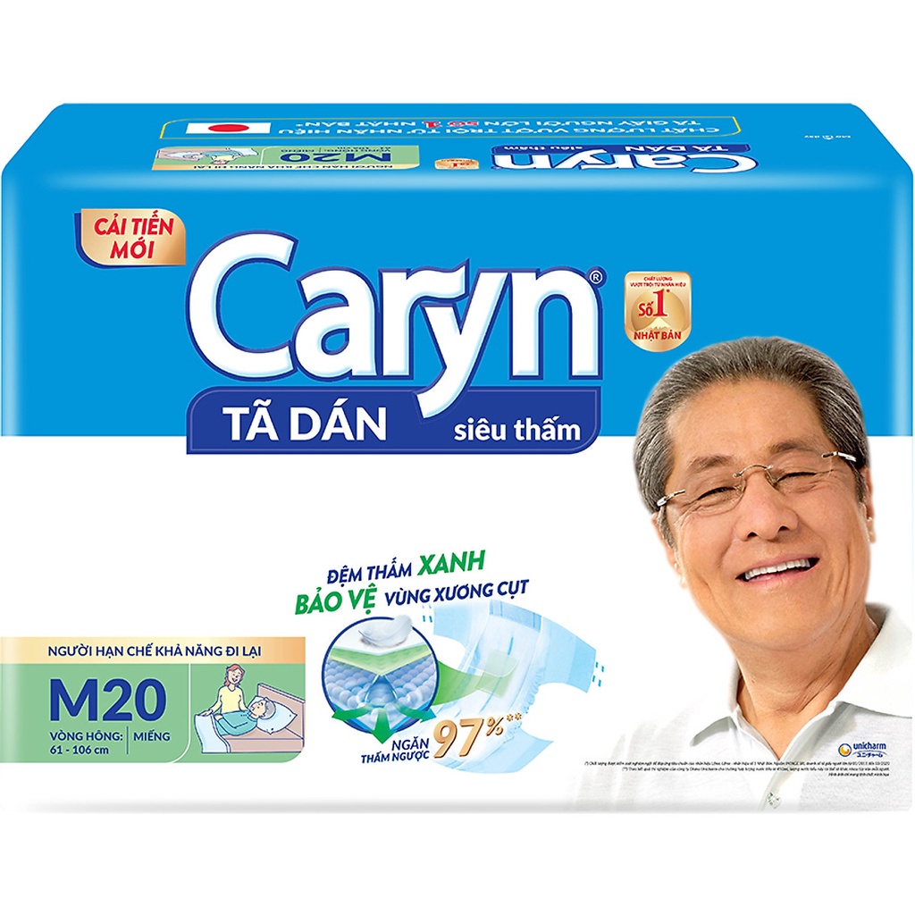 Tã dán Caryn người già M 20 miếng, bĩm dán cho người lớn size m 20 miếng/ gói