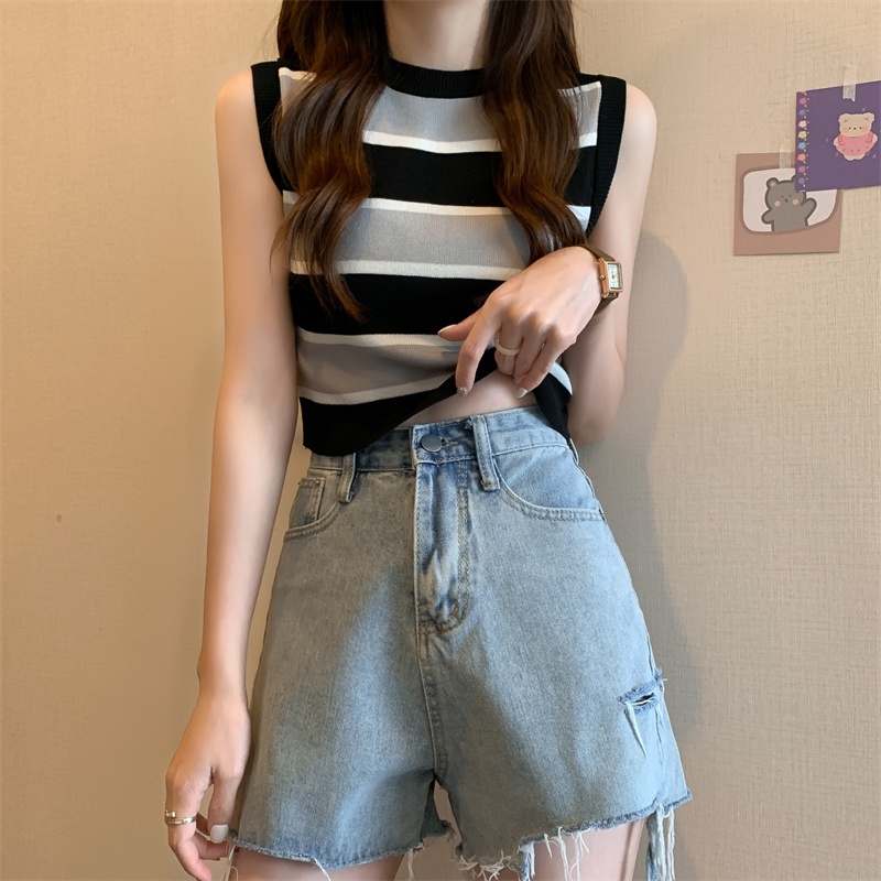 Áo Sát Nách Dệt Kim Cổ Tròn Họa Tiết Kẻ Sọc Thời Trang Cho Nữ