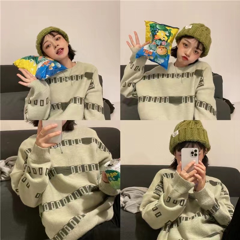 Áo sweater Dệt Kim Tay Dài Cổ Tròn Họa Tiết Kẻ Sọc Màu Xanh Lá Phong Cách Vintage Thời Trang Cho Nam Và Nữ