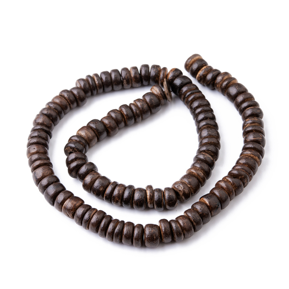 Chuỗi hạt gỗ dừa sô cô la tròn phẳng 8x2 ~ 6 mm/ lỗ: 2 mm/ khoảng 88 ~ 110 hạt/sợi 14.56 inch ~ 16 inch
