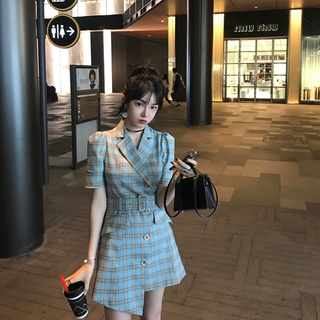 Women Summer Elegant Short Sleeve Irregular Blue Plaid Dress