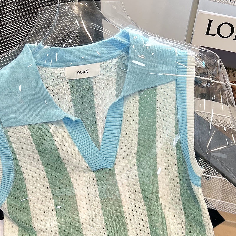 Áo Sát Nách Dệt Kim Dáng Rộng Kẻ Sọc Màu Sắc Tương Phản Thời Trang Mùa Hè Cho Nữ