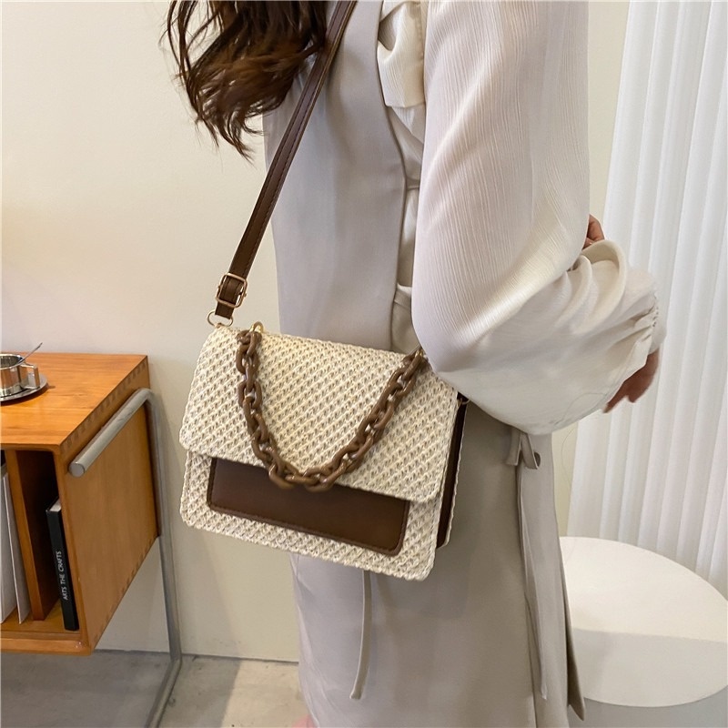 Túi Cói Đeo Chéo Hình Vuông Nhỏ Đính Ngọc Trai NB00242