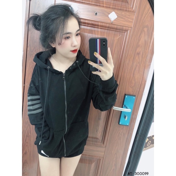 Khoác mũ chữ C kéo khoá nam nữ - Áo khoác nỉ THOM 4 vạch tay kéo khoá cực chất