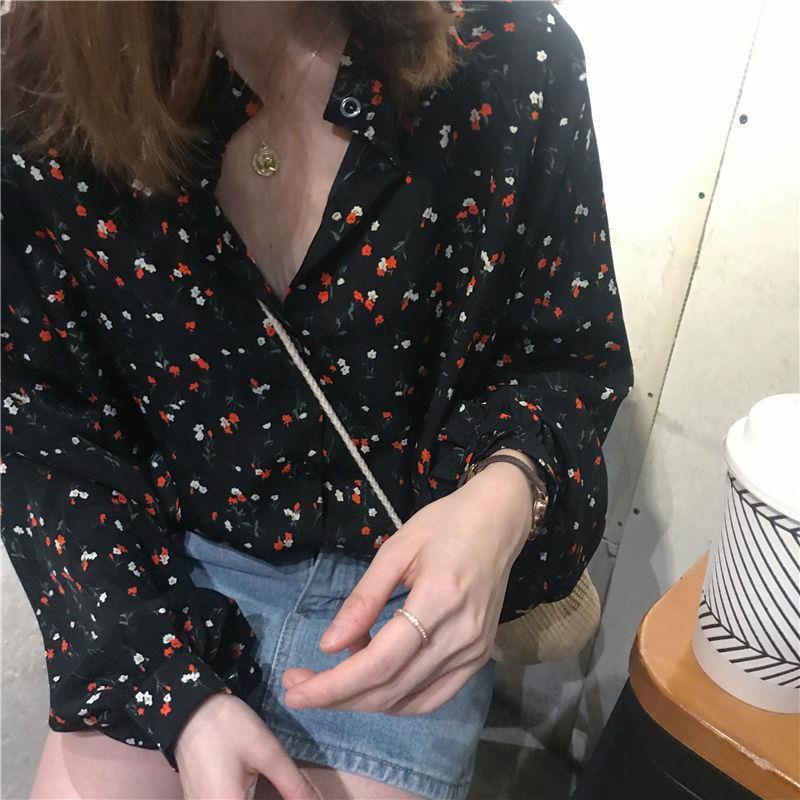 Áo Sơ Mi Chiffon Tay Dài Phồng Cổ Chữ V In Họa Tiết Hoa Phong Cách Hàn Quốc Dành Cho Nữ