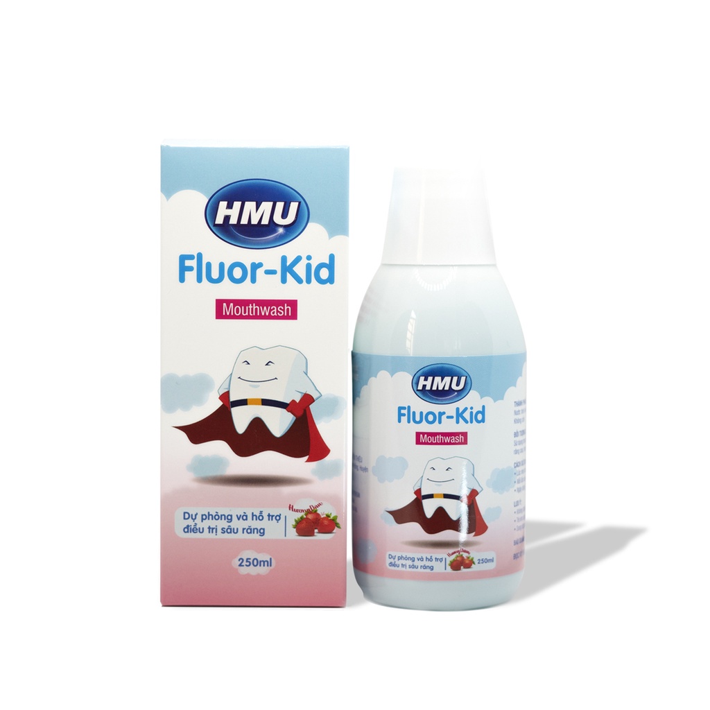 Nước súc miệng HMU Fluor Kid dự phòng và hỗ trợ điều trị sâu răng cho trẻ em chai 250ml vị dâu