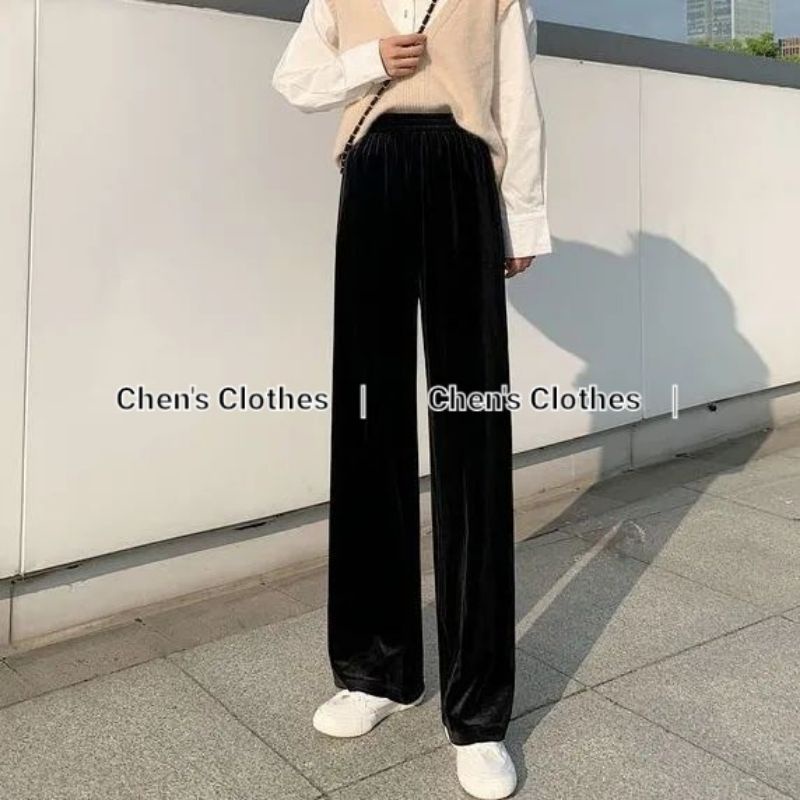 Quần ống rộng nữ cạp chun chất len gân tăm lót bông mặc cực ấm