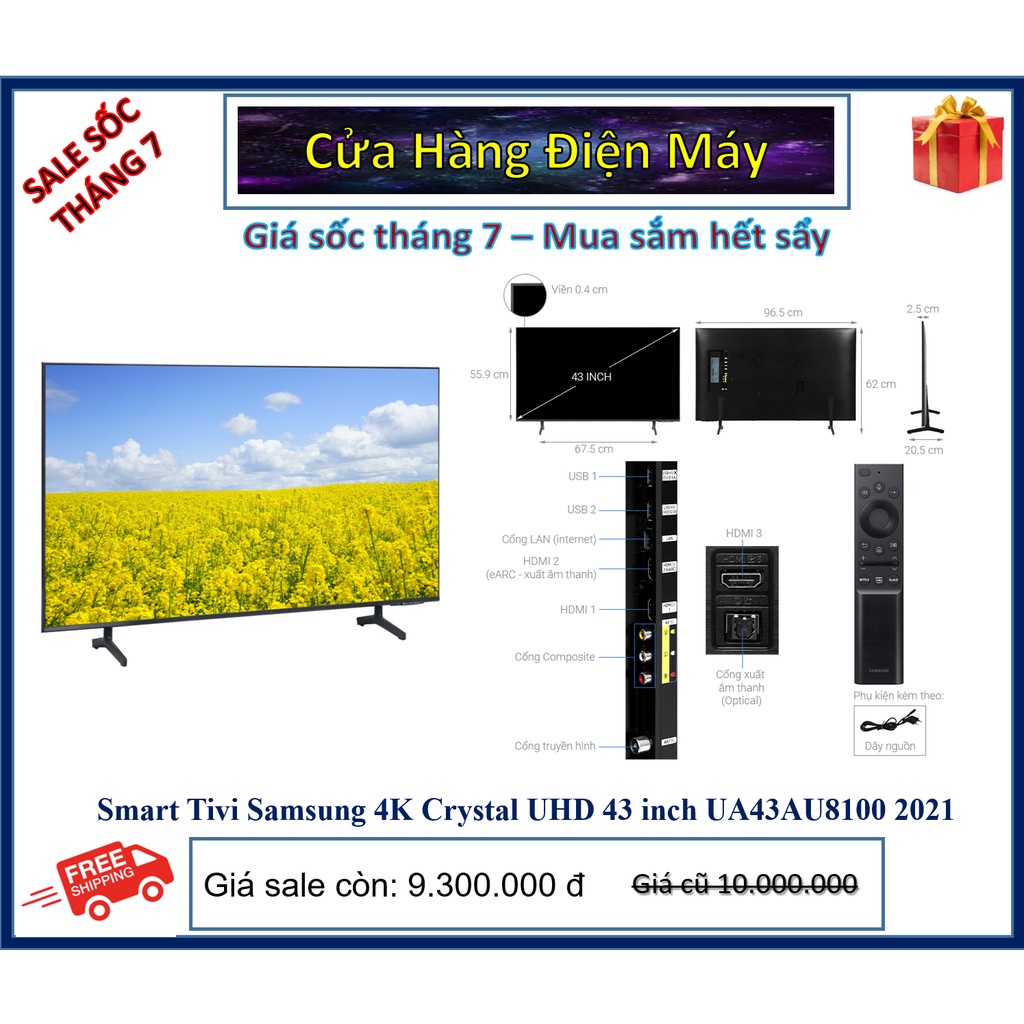 Smart Tivi Samsung 4K Crystal UHD 43 inch UA43AU8100 đời 2021 màn hình siêu mỏng - Showroom Tivi TPHCM