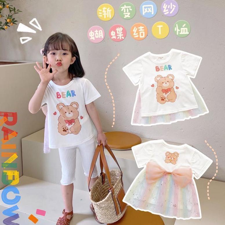 Áo Thun Tay Ngắn Phối Lưới Đính Nơ Màu Hồng Gradient Phong Cách Hàn Quốc Thời Trang Mùa Hè Hàng Mới Dành Cho Bé Gái 2022