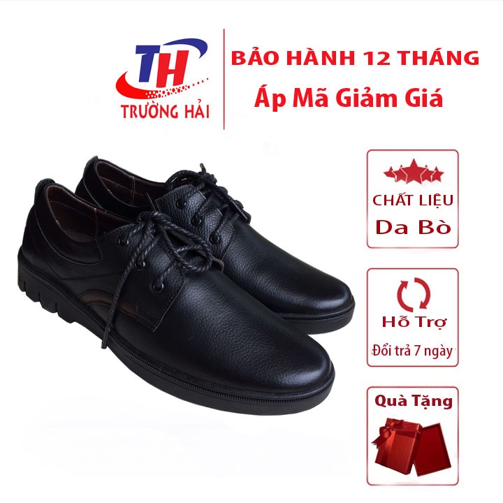 Giày nam buộc dây da bò cao cấp Màu đen  Trường Hải đế cao su không trơn GN291