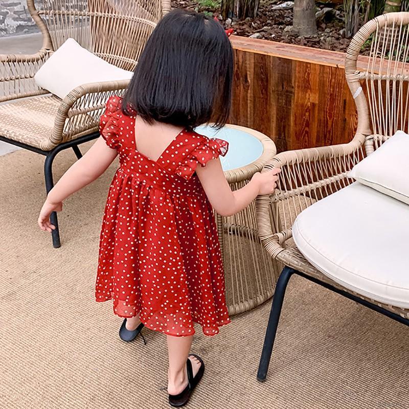Đầm Chiffon Chấm Bi Đỏ Cho Bé Gái