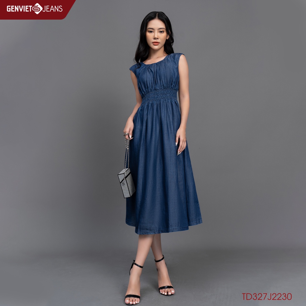 Đầm Váy Jeans Nữ Nhún Eo Chun Cách Điệu Dáng Xòe GENVIET Chất Bò Mềm Cao Cấp Thiết Kế TD327J2230