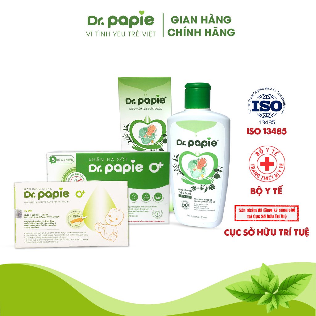 Combo Bộ 3 Gạc Rơ Lưỡi Dr.Papie, Khăn Lau Hạ Sốt Dr Papie, Nước Tắm Thảo Dược Dr Papie Chăm Sóc Bé Toàn Diện