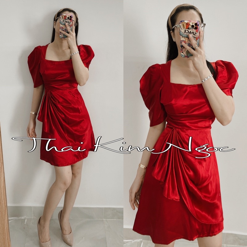 Đầm dự tiệc cổ vuông tay phồng phi xếp li đắp tà | BigBuy360 - bigbuy360.vn